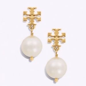 COPY - tory burch logo pearl dangling earrings